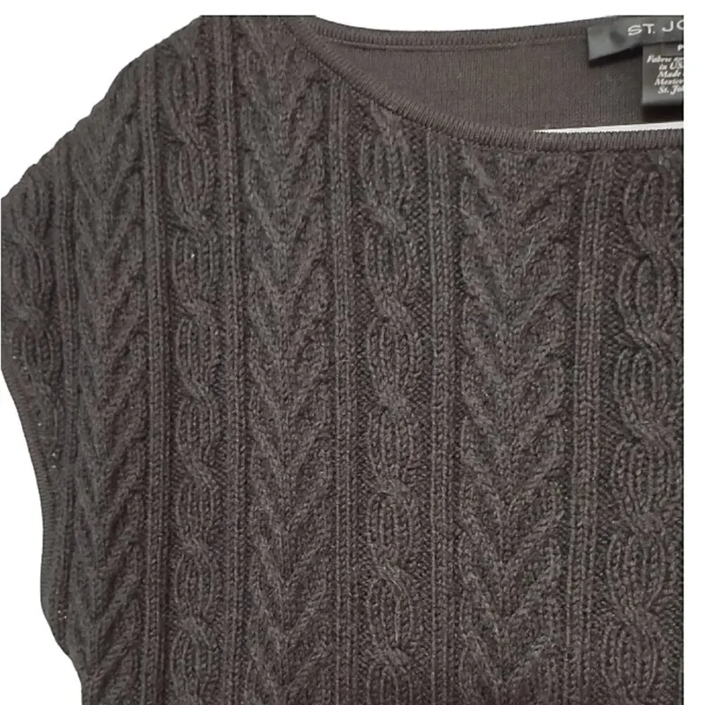 ST. JOHN Black Knit Sweater Loose Fitting Cap Sleeve Cable Knit Stretch Top Sz P